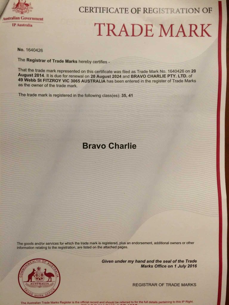 Certificate of Registration of Trade Mark - Philip Bateman and Bravo Charlie